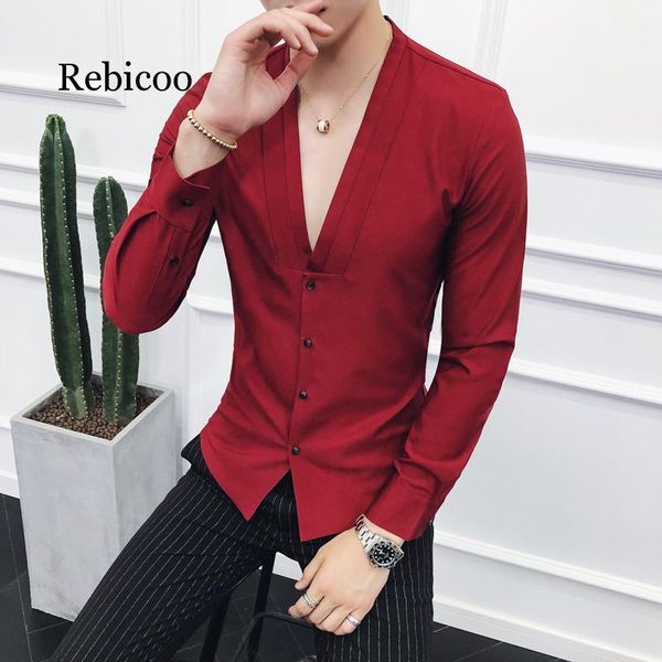 

british style men's v-neck slim long-sleeved shirt 2019 new men's head long-sleeved shirt1, White;black