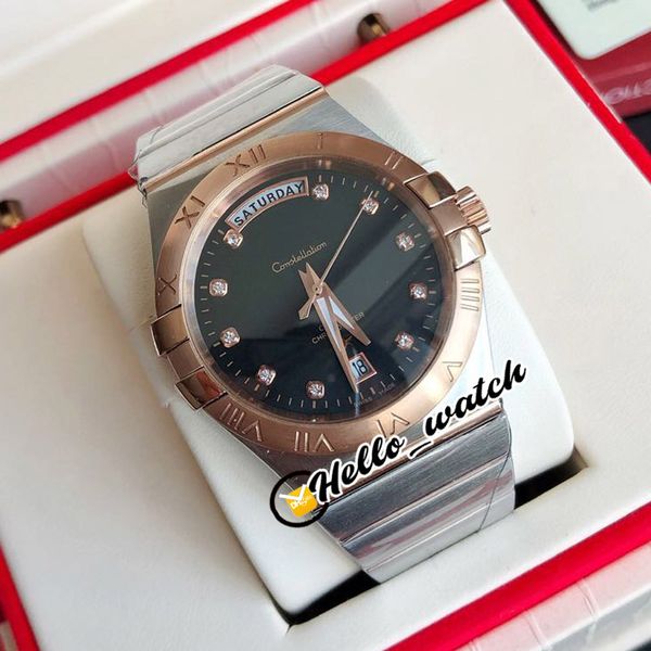 

new day date 123.20.38.22.02.001 miyota 8215 automatic mens watch diamond black dial two tone rose gold steel luxury wathes hello_watch, Slivery;brown