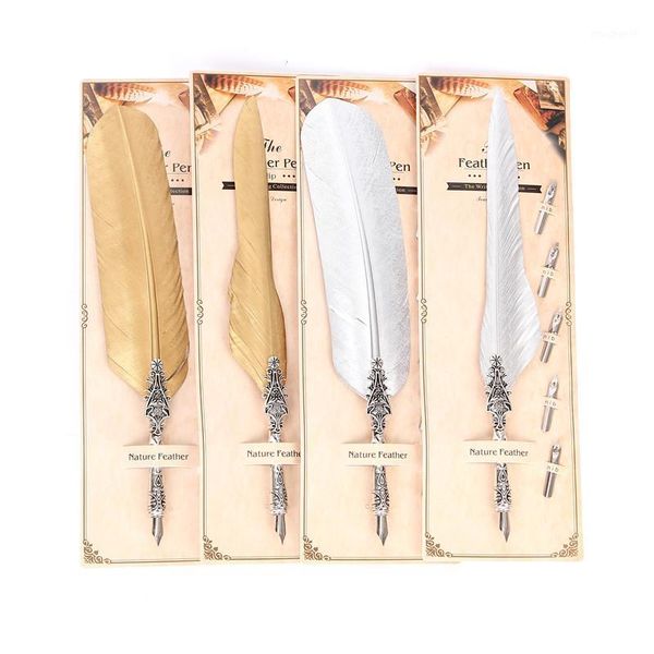 

new creative rtro feather pen round pen body set teacher gift metal + five nibs simple office stationery holiday gift1