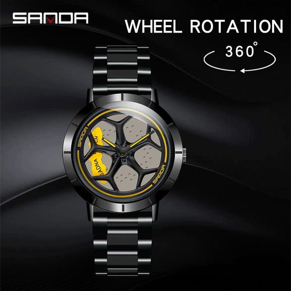 

sanda sell quartz stainless steel men watch fashion waterproof creative sport car rim wheel rotating dial relogio masculino bbyytw, Silver
