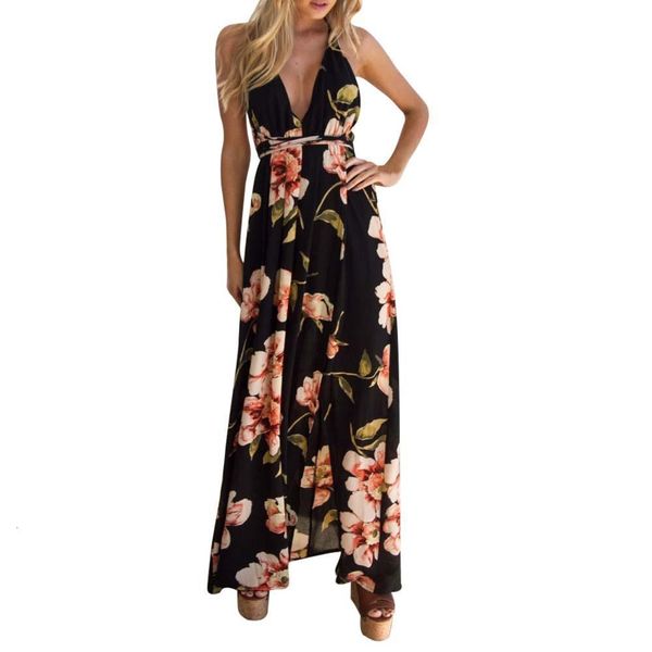 

women summer dress boho floral printed long maxi dress beach dresses sundress vestidos femininos d0335, Black;gray