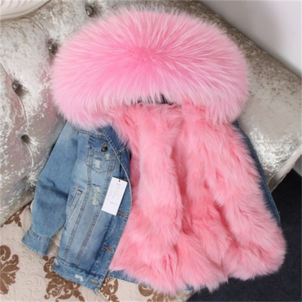 

natural 2021 new clothes denim pie overcome rabbit skin grass collar fox fur woman's long winter coat sg6h, Black
