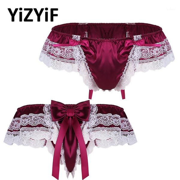 

men sissy panties shiny soft satin lingerie double layers floral lace back with big bowknot low rise bikini thong underwear1