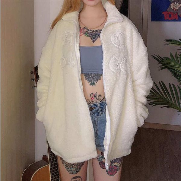 

cross-border 21 european and american women's autumn and winter new solid color loose embroidery plush stand collar long-sleeved jacket, Black