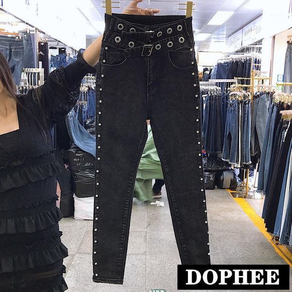 

heavy industry bead with diamond high waist jeans women's spring tight-fit elastic slim pencil pants trend denim trousers1, Blue