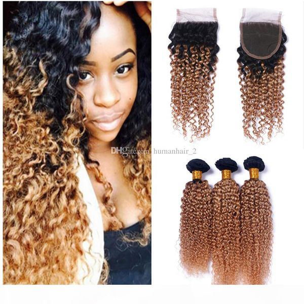 

deep wave honey blonde hair with lace closure deep curly #27 ombre hair with lace closure afro kinky curly with 4*4 closure, Black;brown
