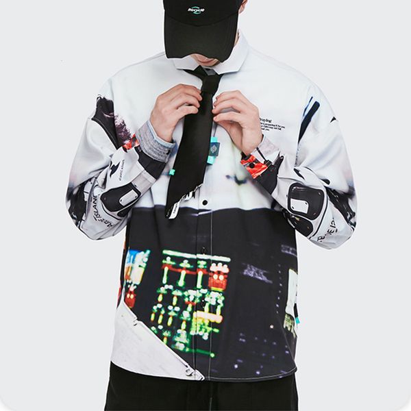 

2021 new 3d helicopter print long sleeve autumn harajuku beach shirt mens hip hop streetwerar color block cotton loose shirts lau3, White