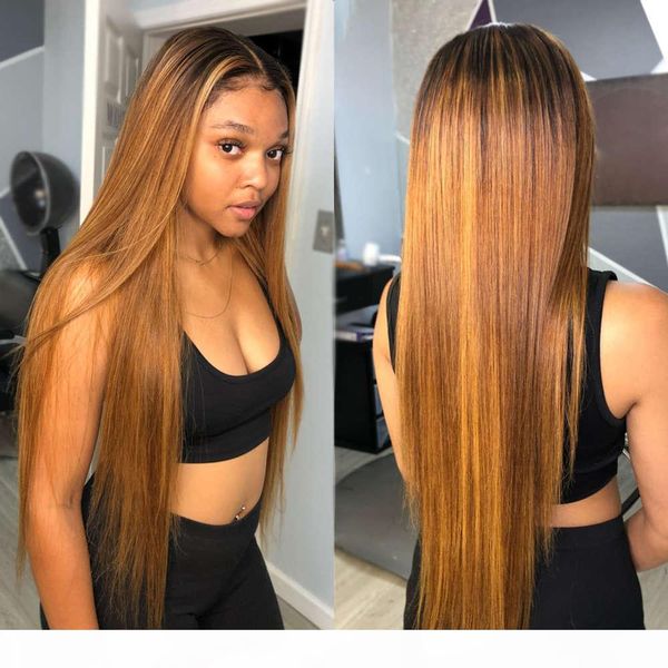 

4x4 closure straight lace front wig full hd ombre natural coloured bob frontal wigs for women human hair, Black;brown