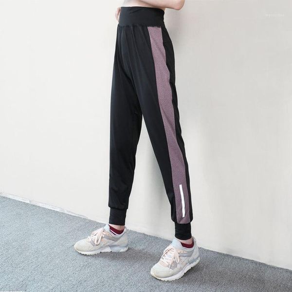 

running pants women side wide stripe patchwork reflective night plus size loose high waist small leg open yoga 4xl1, Black;blue