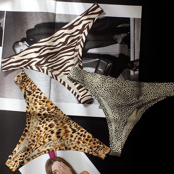 Calcinha feminina com estampa de leopardo e fio dental de seda, macio e confortável, calcinha transparente sem vestígios, respirável, cuecas sexy