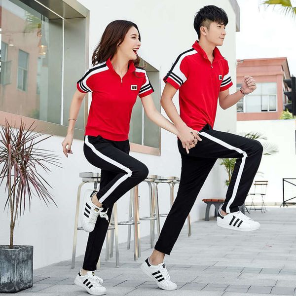 

couple cotton summer 2020 sports spring suit korean casual sweater short sleeve t-shirt sportswear two piece set, Gray