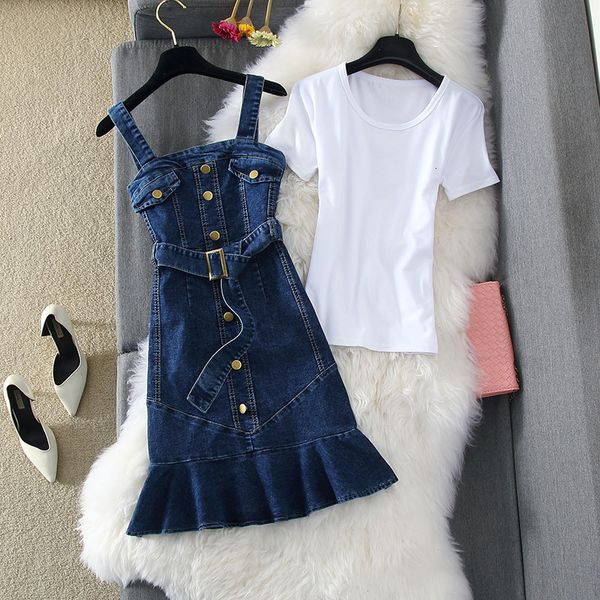 

2021 new spring summer women 2 pieces set sun blue slim sunspender jeans casual mini bandage denim vestidos y163 2k16, Black;gray