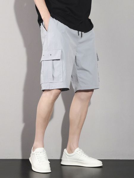 

men flap pocket side drawstring waist shorts c5be#, Black