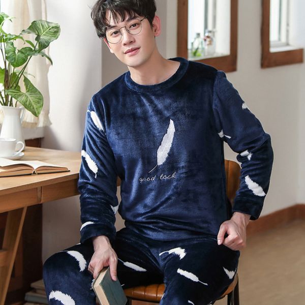 

2020 winter pajamas for men thick flannel sleepwear suit 2 pcs pyjama homme warm casual home clothing pijama hombre q1216, Black;white