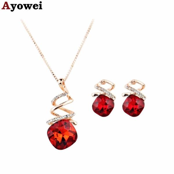 

ayowei red square crystal zircon rose gold suit spring carnival pendant necklace earrings charm retro party gift js826a, Silver