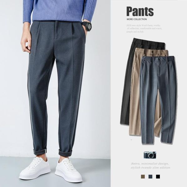 

pants men casual long trousers male solid color woolen cloth suit pants work pant men's autumn winter big size1, Black