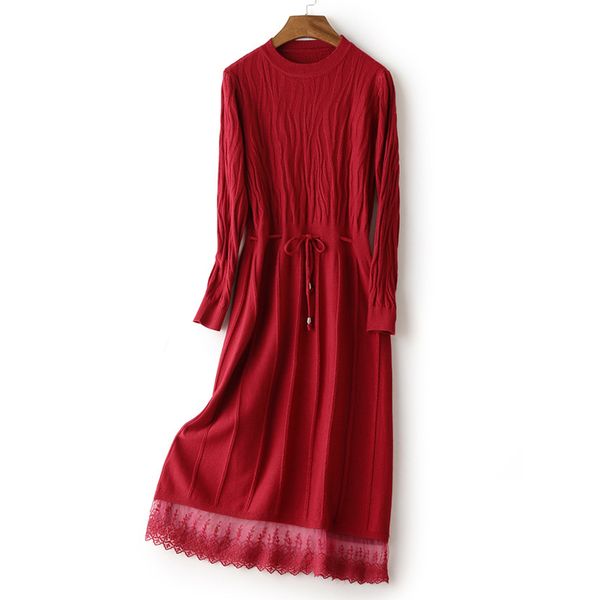 

2021 new sweater women's new autumn winter o-neck lace stitching knitted dress elegant female bottoming dresses vestidos h557 out7, Black;gray