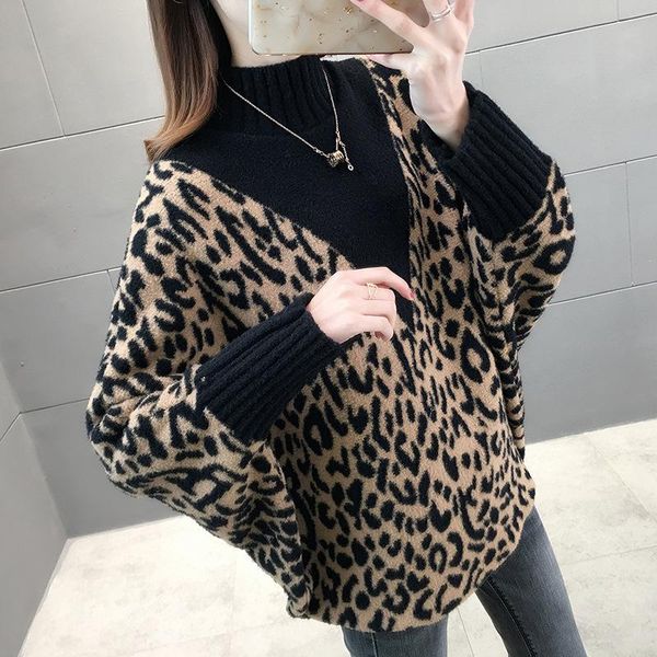 

spring/autumn ladies leopard print batwing sleeve turtleneck sweaters women thick loose knitted clothes korean fashion, White;black