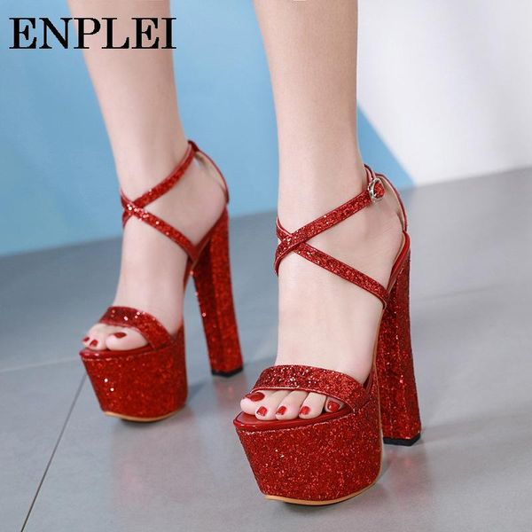 

sandals enplei women sequined platformgladiator party ankle buckle strap ultra very high heel 17.5cm pumps size 34-40, Black