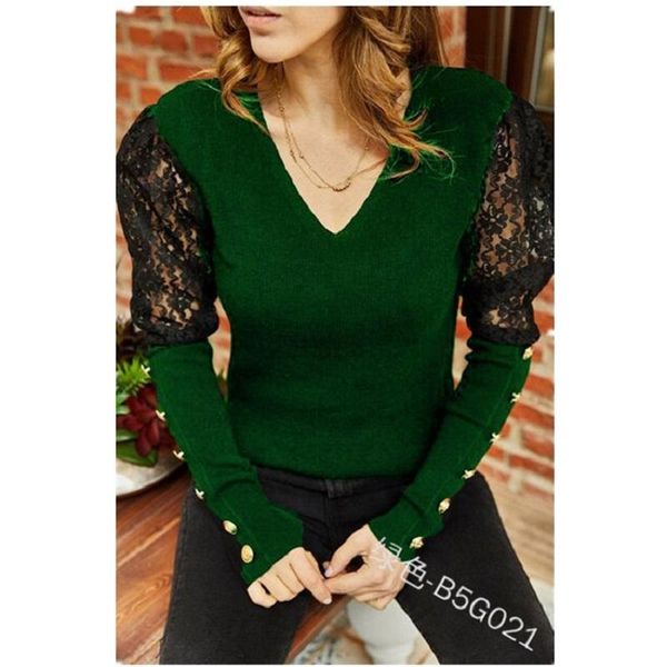 

wepbel plus size pullover long sleeve slim-fit blouse solid color v-neck shirts lace patchwork loose ladies blouses, White