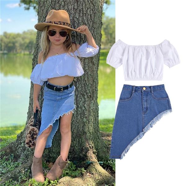 

1-6y fashion kids girls clothes sets white short sleeve off shoulder t shirts tassel blue denim irregular skirts kids suit