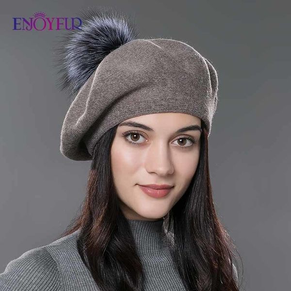 

enjoyfur women beret hat female winter knitted wool beret natural raccoon fox fur pompom hat solid color beret cap y200103, Blue;gray