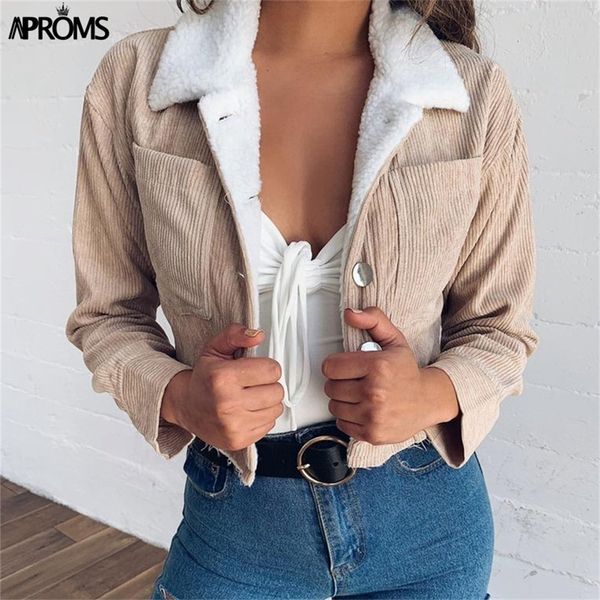 

aproms khaki fleece trucker jacket women front pockets thick warm basic cropped coat winter soft corduroy short jackets female lj200813, Black;brown