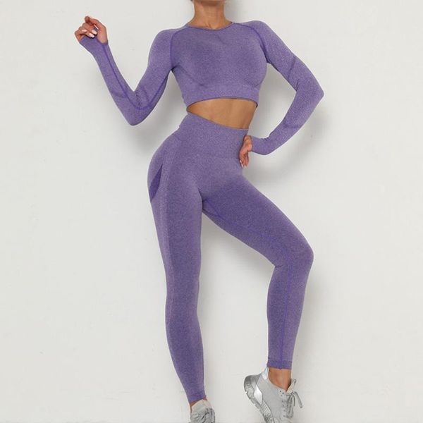 

2pcs women seamless yoga set sport suit long sleeve gym crop high waist leggings workout clothes fitness sports wear gymwear, Black;blue