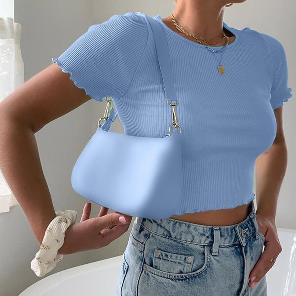 

crop for women knitted solid color round neck crop ribbed short sleeve shirt casual summer femme tank top, White