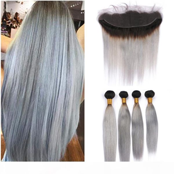 

#1b grey ombre bundles with frontal peruvian straight weave black and silver grey ombre human hair 4 bundles with lace frontal closure 13x4, Black;brown
