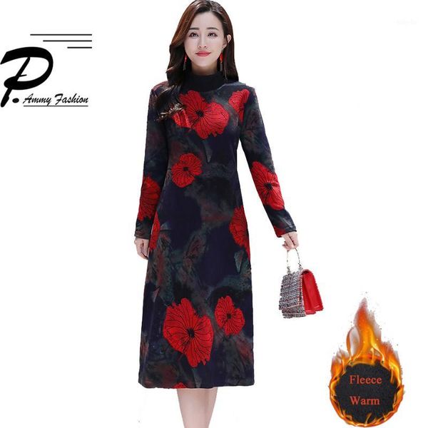 

warm velvet large size elegant slim dress 2018 women winter clothes fashion half high collar print noble day a-line jumper dress1, Black;gray