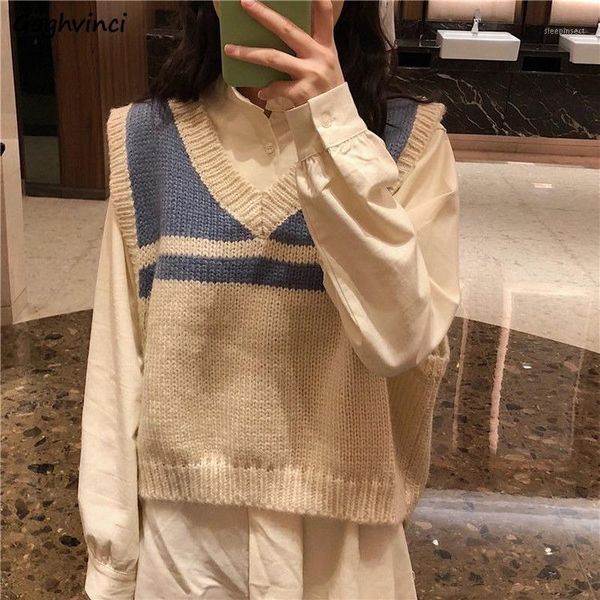 

vest sweater women striped patchwork v-neck loose casual fashion simple ulzzang female office ladies chic outwear sweaters chic1, Black;white