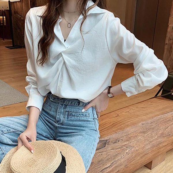 

women 2020 new blouses trendy autumn full sleeve shirts casual loose v-neck office ladies simple blouse robe femme, White