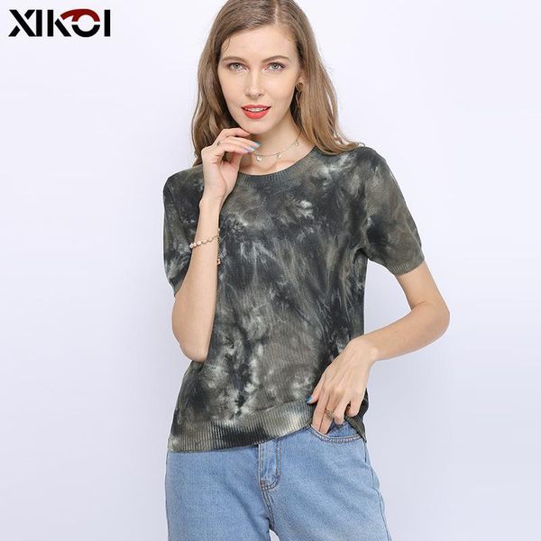 

vintage summer women oversized t-shirt knitted short sleeves tee o-neck pullovers jumper computer knitted sweaters camisas mujer1, White