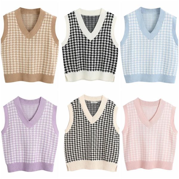 

fashion plaid oversized houndstooth knitted vest sweater for women girls vintage sleeveless side vents female waistcoat chic, White;black