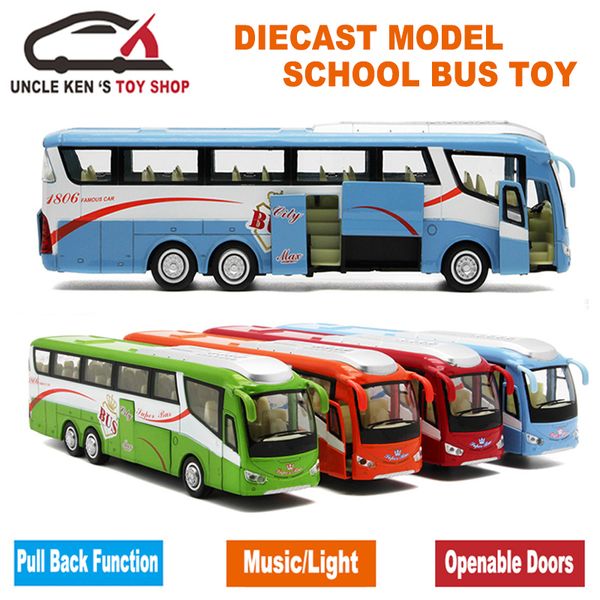 25 cm de longitud 1/55 Escala Diecast Metal Shuttle Bus Model, juguetes de aleación de regalo para niños con puertas que se pueden abrir / música / luz / función de retroceso LJ200930