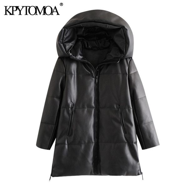 

kpytomoa women fashion thick warm winter faux leather parkas coat vintage hooded long sleeve female outerwear chic overcoat 201027, Black