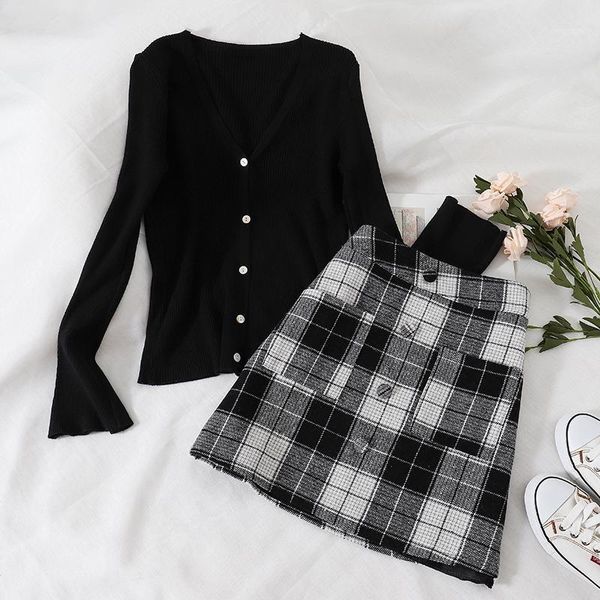 

2020 new fashion women's two piece set autumn and winter sweater + harajuku plaid woolen skirt1, Gray