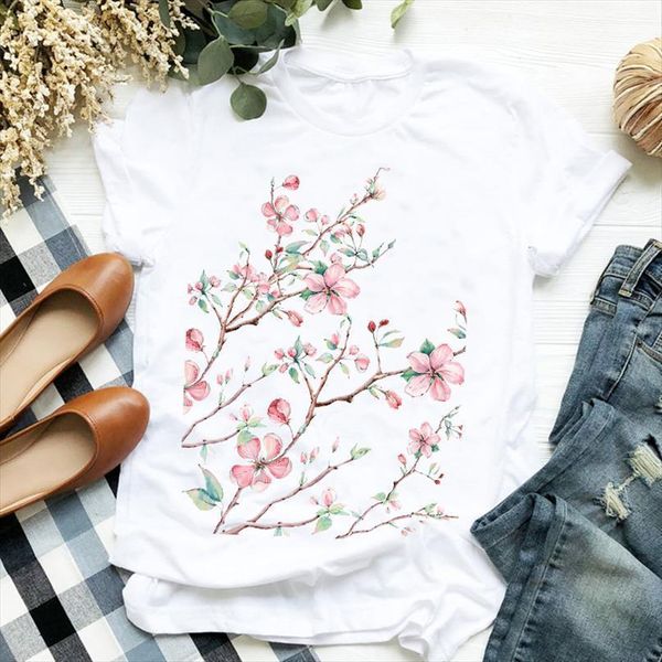 

women t shirt elegant girl floral print tshirt women short sleeve o neck loose t-shirt ladies summer causal tee shirt clothes, White