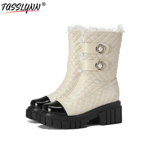 

tasslynn 2020 winter shoes women patent leather mid-calf boots for women round toe snow boots wool platform, Black