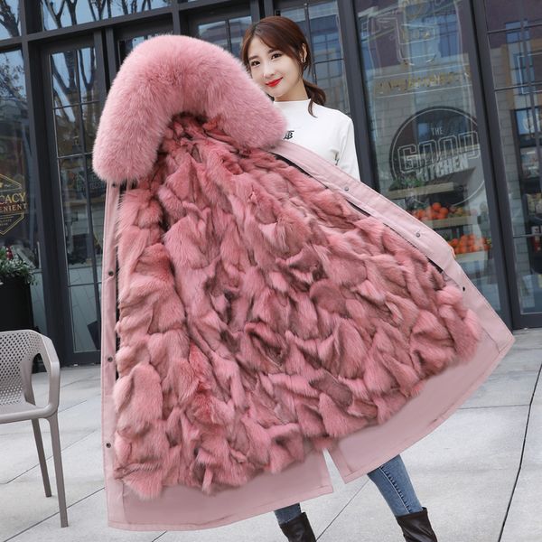 

new women's mid-length over the knee fox fur liner, lively face, removable winter fox fur coat 201031, Black