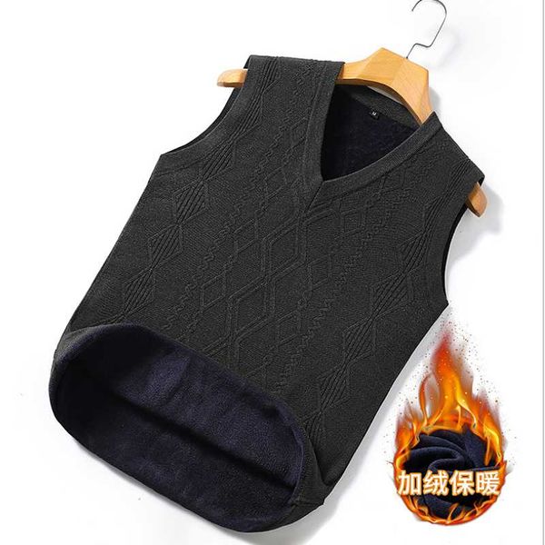 

new fashion men's plus velvet vest middle-aged and elderly solid color sweater v-neck dad fitted rhomboid vest waistcoat, Black;white