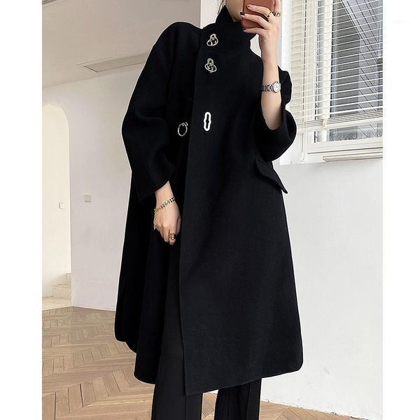 

women black woollen coat elegant cashmere overcoat wool european runway fashion metal buckle jakcet femme outwear mujer hiver1
