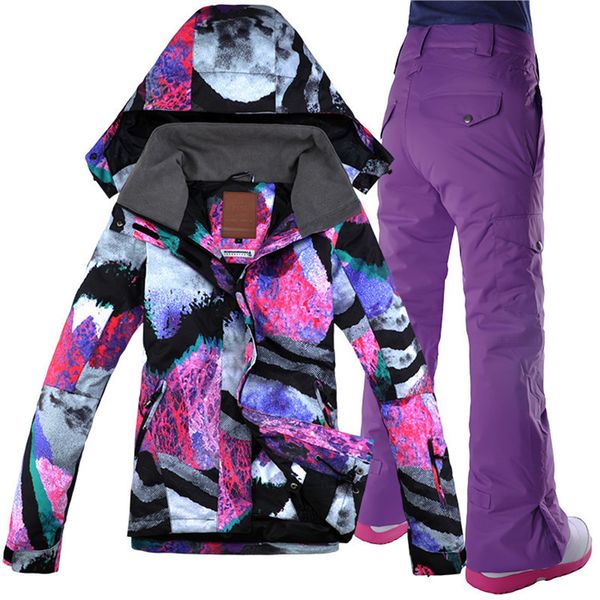 Gsou Snow Women Ski Ski Winter Snowboarding Jaquetas e Calças Definir jaqueta de esqui feminina e calças conjunto de neve jaqueta de inverno casaco de esqui 201203