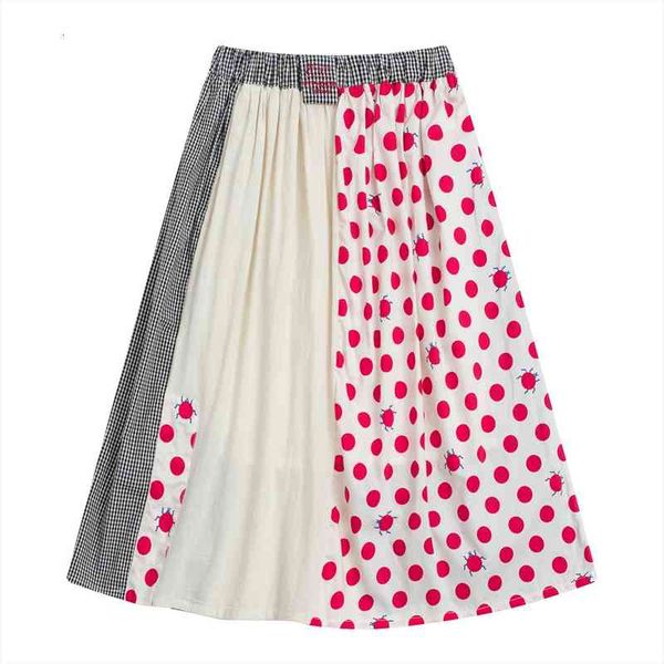 

fashion design summer women cotton skirts elastic waist cotton lining dot patchwork plaid femme funny skirt mid-calf length, Black