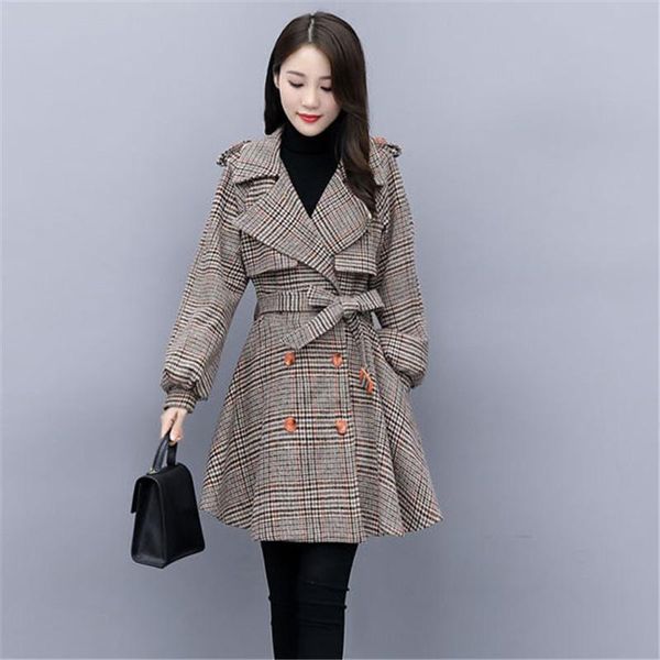 

new plaid woolen coat spring autumn lapel double breasted women trench coat fashion korean belt cloak ladies woolen outwear w211, Black