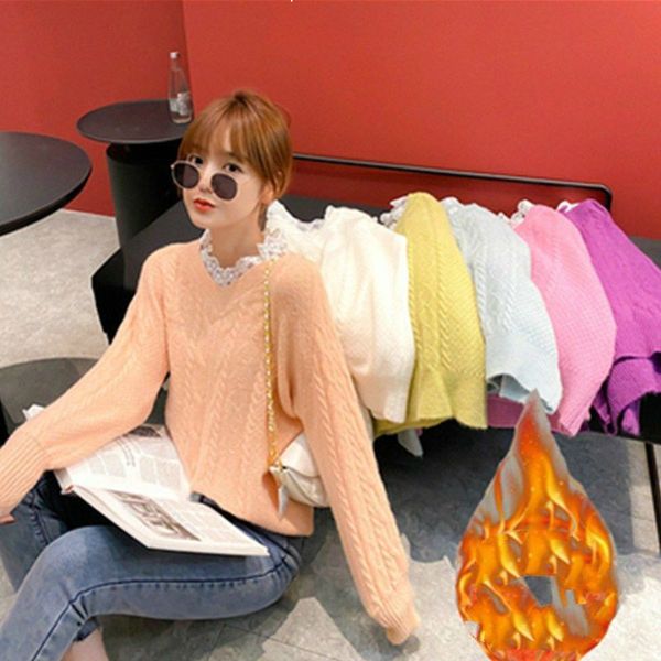 

2021 new women's sweater fall winter sewing lace with low-cut v fine warm knitted-over sweet sweaters y508 e20g, White;black