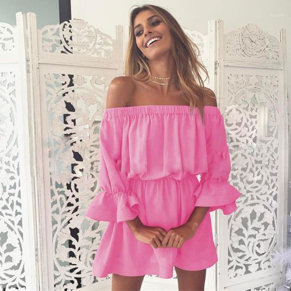 

women flare sleeve off shoulder holiday dress ladies loose three quarter sleeve summer solid dress vestidos elegant 2020 #yl51, Black;gray