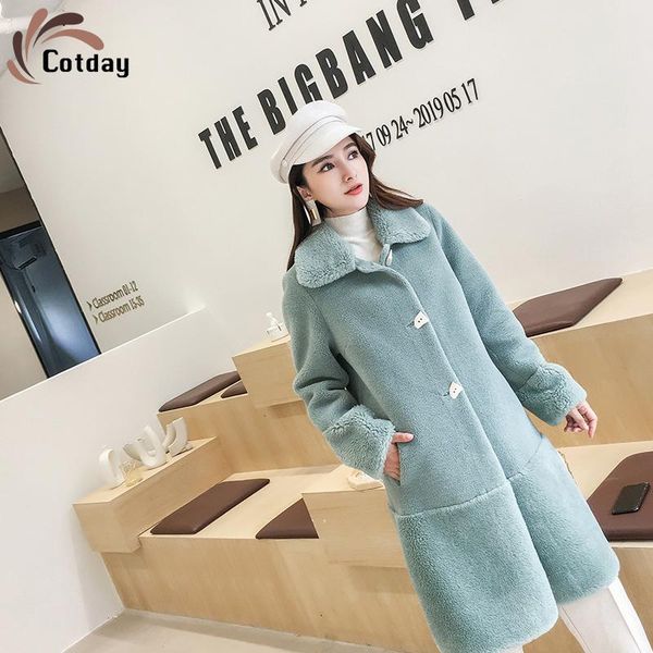

women's fur & faux cotday long 2021 fashion wool coat composite human integrated granule sheep cashmere medium winter woman, Black