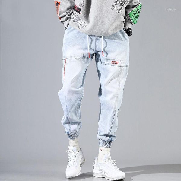 

hip hop streetwear harem jeans pants men loose joggers denim casual sweatpants korea ankle length trousers1, Blue